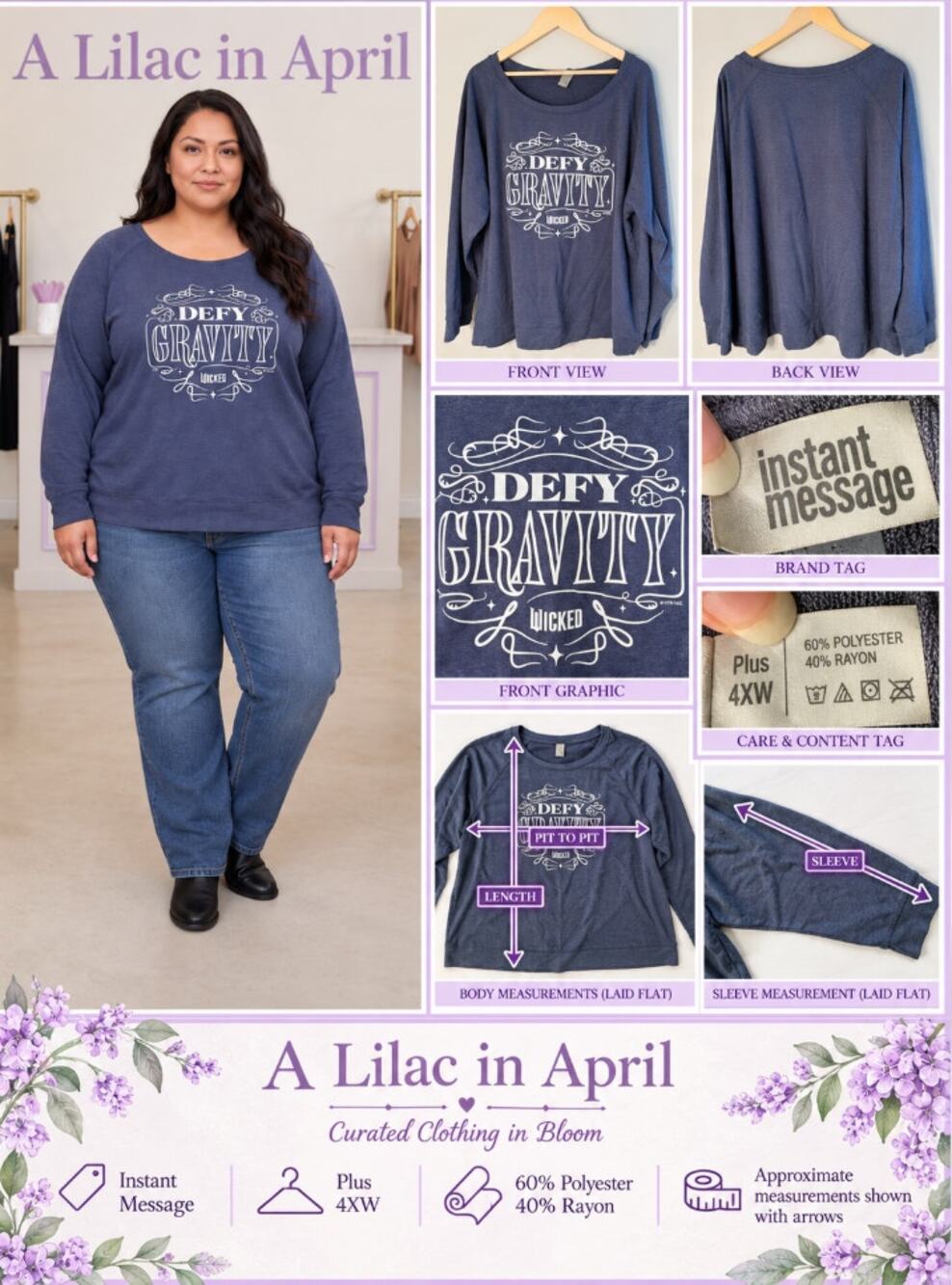 Defy Gravity Wicked Graphic Blue Long Sleeve Top Plus 4XW